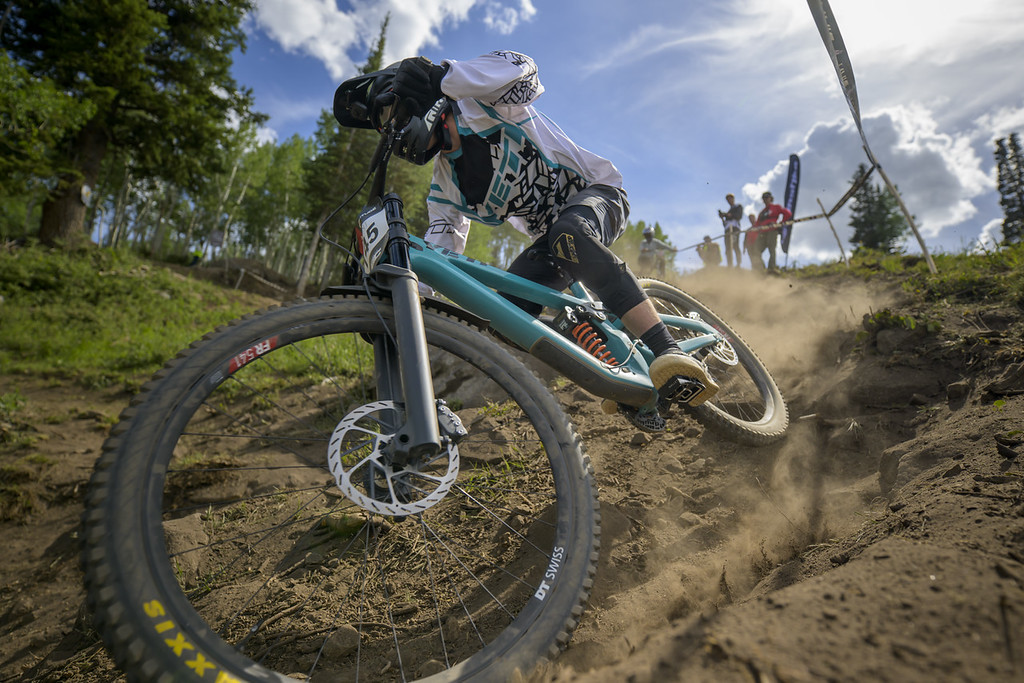 Downhill racer in the dust at Solitude